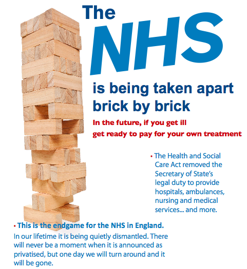 Image and text from a flier made by the Campaign for the NHS Reinstatement Bill, promoting a Private Member's bill put forward by Caroline Lucas MP in 2015 and currently supported by 77 MPs.