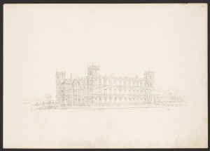 Highclere Castle, 13-bay perspective study in an Elizabethan style with larger corner towers and no central entrance. Prints and Photographs Division. 