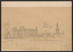 Highclere Castle, 9-bay perspective study in the Italianate style with small corner towers and a large separate tower. Prints and Photographs Division. 