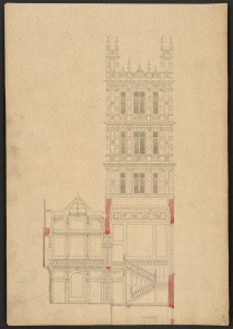 Elevation of Barry's new central tower in an Elizabethan style above a section of the principal staircase and entrance hall. Prints and Photographs Division. 