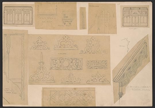Top left, three-bay interior wall elevation with coupled arched openings and a central doorway framed by four pilasters; top right, alternative scheme, here with an arched central doorway; middle, seven elevation details for parapets and decorative panels including one with the Carnarvon family motto: “Ung je serverai,” old French for “One will I serve.