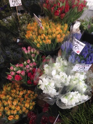 Blommor på Norrmalmstorg. Vita luktärter och blekblå pärlhyacinter, så fint. Och rosor. Och tulpaner. Herregud vad jag älskar blommor.
