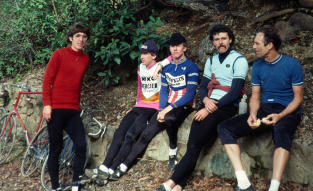 Loma Prieta Road at the water fountain, March 1984. Ray Hosler, Dave McLaughlin, Sterling McBride, Tom Ritchey, Jobst Brandt. One of our favorite rides. (Photo by Keith Vierra)