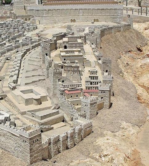 A digital reconstruction of the Biblical City of David in the period of Herod's Temple. The southern wall of the Temple Mount appears at top.