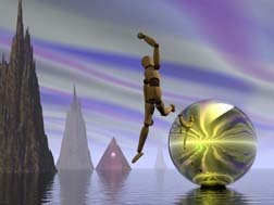 wooden artist manikin leaping from reflective sphere in fantastic landscape
