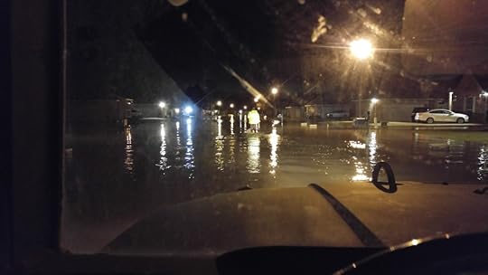 Walking slowly through a flooded neighborhood