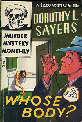 Cover of Sayer's book Whose Body?, published in 1923. Image Public Domain via Project Gutenberg.