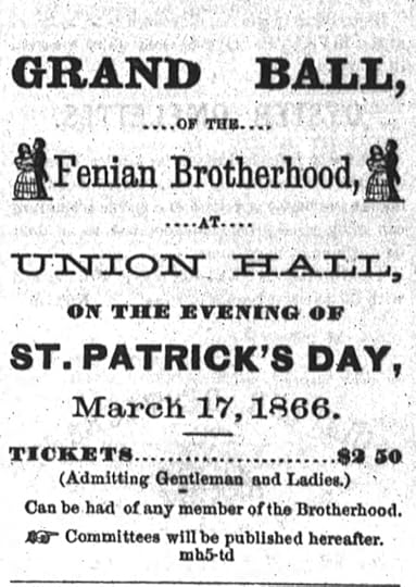 Advertisement for the Fenian Ball in Union Hall, San Francisco, St. Patrick's Say 1866, replete with dancing couple (San Francisco Chronicle)