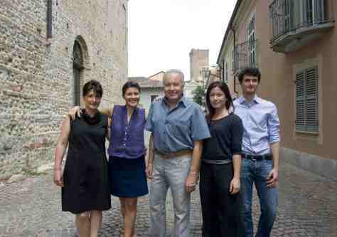 (L-R) Lucia, Gaia, Angelo, Rossana, and Giovanni Gaja on via Torino in Barbaresco. Photo credit: Andrea Wyner