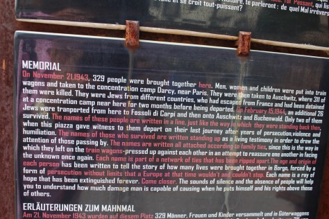 Plaque at the Memorial to the Deportees in Borgo San Dalmazzo with the story of the deportation. (Note: there is an error on the plaque. Jews were sent to