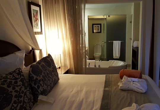 The bedroom and the bathroom are open concept, with just a curtain separating the bedroom area from the tub and sink. Frosted glass doors enclose the toilet and shower stall.