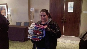 Jenn Scarpa drove hours to have Eloisa James sign a stack of her books.