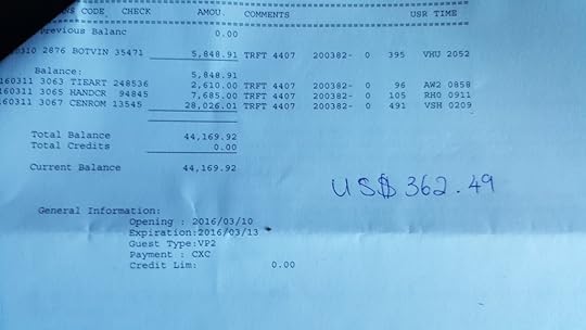 Photo of a hotel bill listing over $44,000 worth of charges, with US$ 362.49 written beside it.