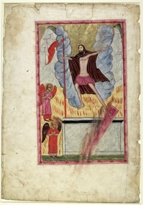 The full page illumination of the resurrection from the disbound 17th century Armenian Haysmawurkʿ.