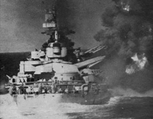 Italian battleship Vittorio Veneto firing during Battle of Matapan near Gavdos, Greece, 28 Mar 1941