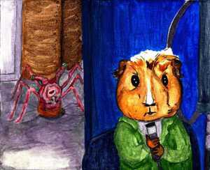 And here's Peregrine as MacReady with the head monster, which ended up looking a mite Trumpish, not sure how I feel about that. I blame yellow ochre.