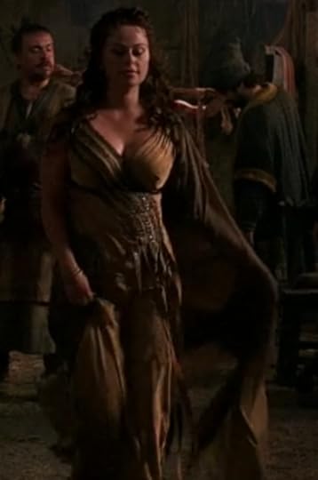 Atia's dress is really slinky gold silk, with strips of beading across her boobs and a nice silk cape thing that has great movement.