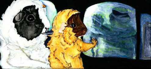 Horace and Ozma face a leper pirate inside their awkwardly spaced truck. 