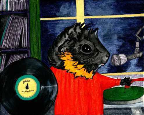 When I chose Merricat to replace Adrienne Barbeau's DJ character Stevie Wayne, I knew that she wasn't going to be playing jazz records in between warnings about the fog... She's got Zebras' The City of Sun, one of my favorite records from last year by the best band from(ish) Madison in my favorite of all my John Carpenter's Guinea Pigs paintings. Not priced to move. 