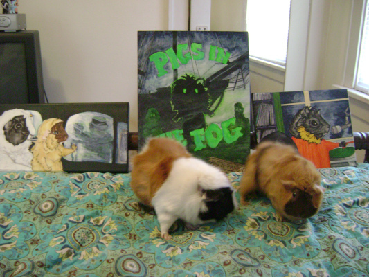 Despite the obvious futility, I always try to photograph the pigs featured in my paintings next to the paintings (unfortunately, neither Merricat nor Danger Crumples were available by the time I finished these). Horace and Ozma are not interested in my work. Of course they aren't. They don't even know I menaced them with leper pirates. 