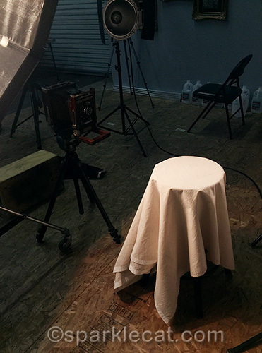 set up for tintype photo shoot of cat at Tin Machina