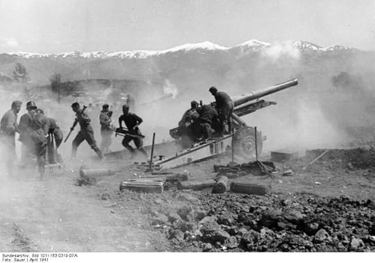 German 15 cm sFH 37(t) howitzer shelling Metaxas Line fortifications, Greece, early Apr 1941 (German Federal Archives: Bild 101I-163-0319-07A)