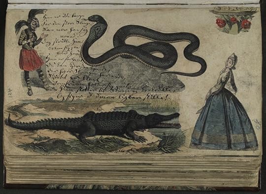 Sample page of “Billedbog til Jonas Drewsen,” by Hans Christian Andersen, with Andersen’s handwriting describing the events depicted. Rare Book and Special Collections Division. 