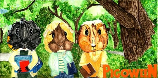 The Pigoween title card. Lady pigs Merricat, Ozma, and Peregrine walkin' down some foliage-lined street.