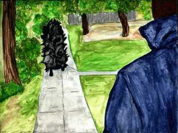 Merricat, suddenly cardigan-less, being stared at by Michael Myers. 