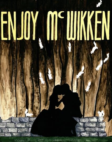 I've always been inspired by the WPA posters. Not only because if I was alive during that time period, I would have been angling for a printing job, I'm also just super fond of the typography. This one recreates a scene from Night of the Squirrels. The travel poster, McWikken style.