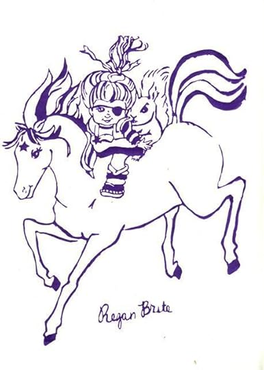 They call her Regan Brite. This one is a silkscreen also available in glow in the dark green. This print was so involved that I barely came away with any to sell - and so I made some postcards of this version. A few. 