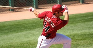 Arizona Diamondback Conor Jackson Batting in a Spring Training Game on March 18, 2009, at Tucson Electric Park, Tucson, Arizona