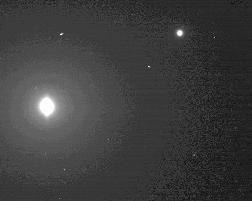 Relative sizes of Phobos (left) and Deimos (right) as seen from the Martian surface (NASA/JPL)