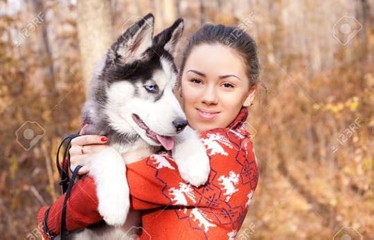 woman with husky pup: 