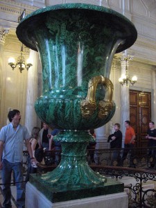 Malachite green. A giant malachite vase in the Hermitage Museum, Saint Petersburg, Russia.