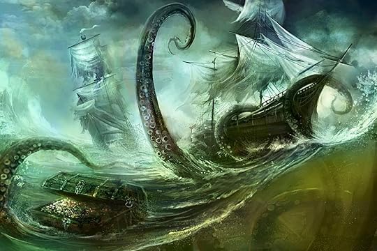 Kraken, sea monster, giant squid, giant octopus, ship, sea, ocean, sail, storm, gold, treasure, pirates, adventure, legend, myth,