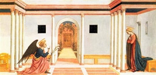 The Annunciation, predella panel from the St. Lucy Altarpiece by Domenico Veneziano (1442-1445). Public domain via WikiArt.