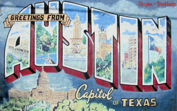 image of a postcard that reads Greetings from Austin Texas