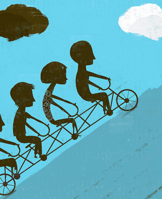 picture of cartoon figures riding together on a tandem bicycle
