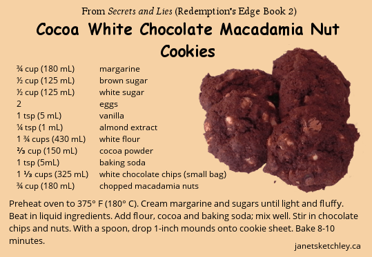 Recipe: Cocoa White Chocolate Macadamia Nut Cookies (from Secrets and Lies, Redemption's Edge Book 2)