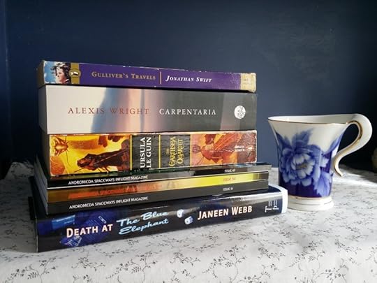 Earl Grey Editing, Dewey's Read-a-thon, readathon, Dewey, tea, Gulliver's Travels, Carpentaria, Alexis Wright, Ursula LeGuin, Earthsea Quartet, Andromeda Spaceways Inflight Magazine, ASIM, Janeen Webb, Death at the Blue Elephant