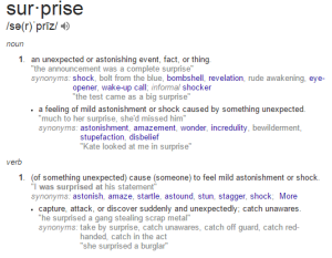 sur·prise sə(r)ˈprīz/ noun 1. an unexpected or astonishing event, fact, or thing. 