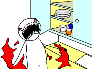 Angry cartoon person tears off shirt in anger.