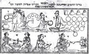 A Passover scene of women baking matzah. Haggadah from Poona, India, 1874. Prepared and published by Moses Jacob Talker and Aaron David Talker.