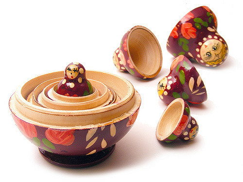 Nesting dolls opened, revealing the smallest doll in the center