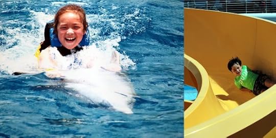 SteelyKid swimming with a dolphin, The Pip on a waterslide.