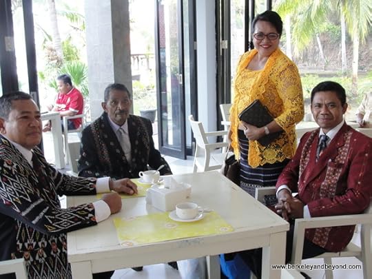 Indonesian in suits made from local textiles at the Laprima Hotel on Flores Island, Indonesia