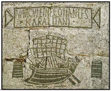 Mosaic representing a ship arriving in the ancient Roman port of Ostia.