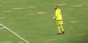 Eddies keeper Matt VanOekel on the,ahem, pristine playing surface in Jacksonville.