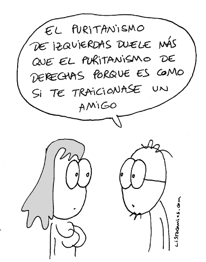 Viñeta de humor gráfico sobre por qué el puritanismo de izquierdas duele más que el puritanismo de derechas.
